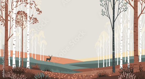 A solitary deer stands among rolling hills in a sparse birch tree forest, depicted in a calm and minimalist vector illustration style.