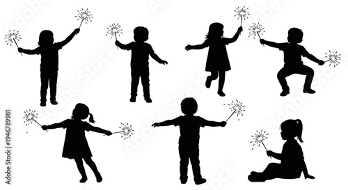 Children Silhouettes Holding Sparklers, Celebrating New Year, Christmas, Holidays