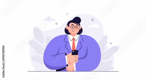 A smiling person in a suit with glasses holds a smartphone, with plants and clouds in the background
