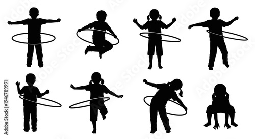 Children Silhouettes Hula Hooping Diverse Poses Fun Activity