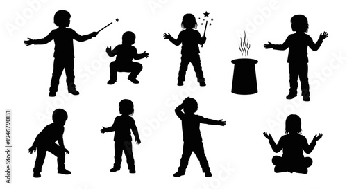Children Silhouettes Performing Magic Tricks with Wands and Top Hat