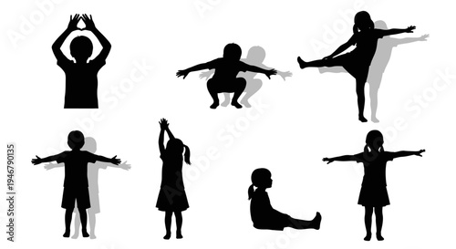 Children Silhouettes Performing Yoga Poses and Exercises on White Background