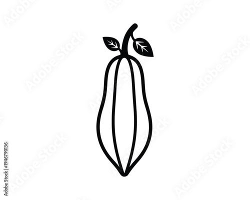 Simple cocoa pod illustration with two leaves isolated on transparent background
