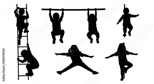 Children Silhouettes Playing and Climbing on Playground Equipment