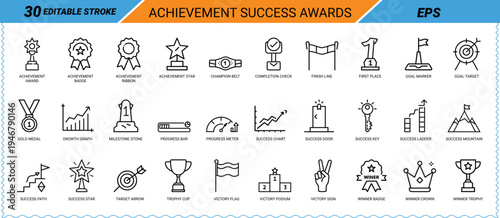 Achievement success awards line icons set with trophy cup and winner medals symbols collection