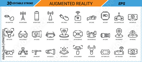 Augmented reality icon set containing linear symbols for technology and virtual interfaces