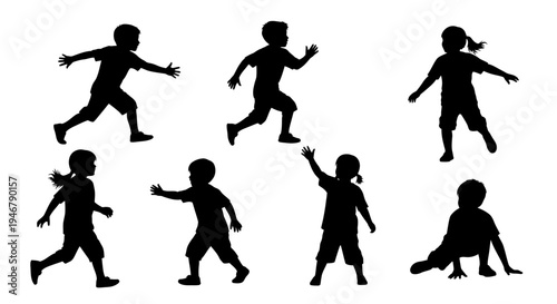 Children silhouettes playing and running outdoors, diverse actions, isolated on white background.