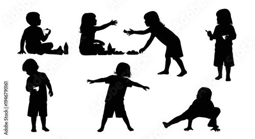 Children Silhouettes Playing and Learning, Diverse Activities, Isolated on White Background