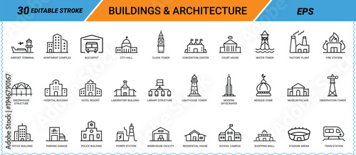 Buildings and architecture line icons set featuring city landmarks and urban structures kit