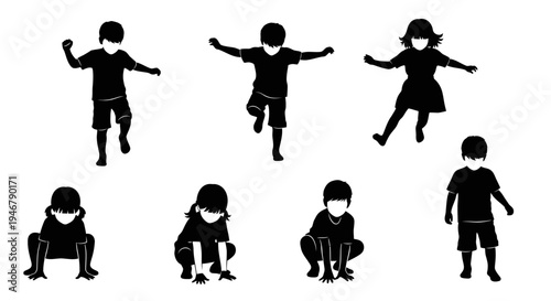 Children Silhouettes Playing and Jumping, Diverse Poses, Outdoor Activity, Black and White