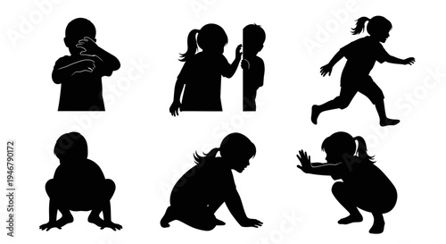 Children Silhouettes Playing and Running: Active Kids in Various Poses