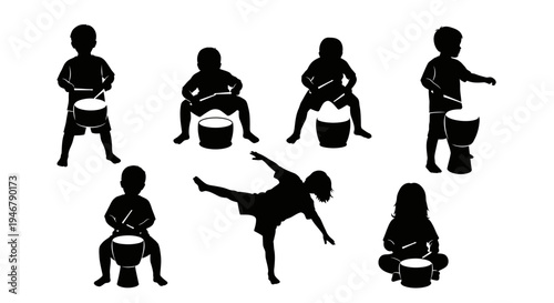 Children Silhouettes Playing Drums and Dancing