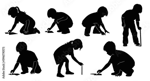 Children Silhouettes Playing and Learning with Objects on White Background