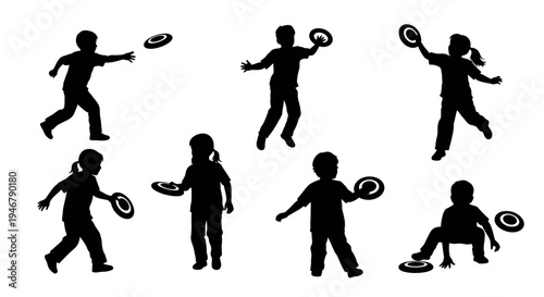 Children Silhouettes Playing Frisbee Outdoors