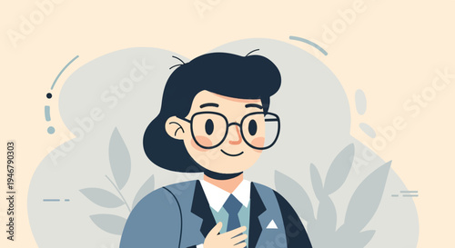 Stylized illustration of a person wearing glasses and a suit, smiling