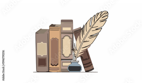 Antique book collection with feather quill pen and ink pot vintage writing vector illustration