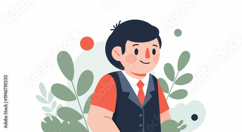 Cheerful cartoon character in vest and tie with foliage and circles