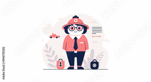 Whimsical character in a pith helmet, shirt, tie, and pants, with bags and a car
