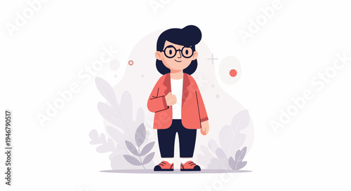 A cartoon person with glasses and a jacket stands in a stylized garden