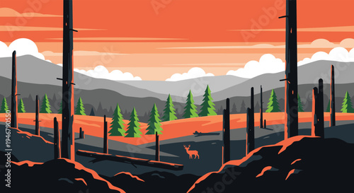 A lone deer stands in a recovering forest with charred trees in the foreground and new growth against a mountain backdrop.