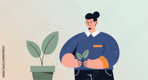 A cheerful person with dark hair tending to plants, one potted, one held
