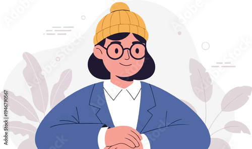 Stylized portrait of a young woman in a yellow beanie, glasses, and blue blazer