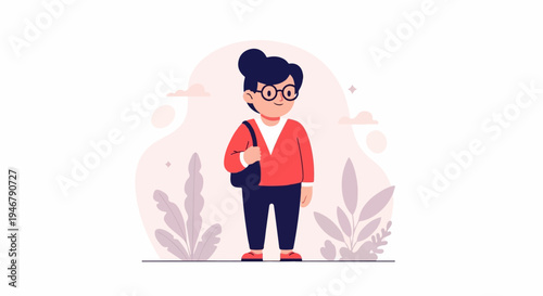 Young person with dark hair, glasses, red sweater, and dark pants carries a bag