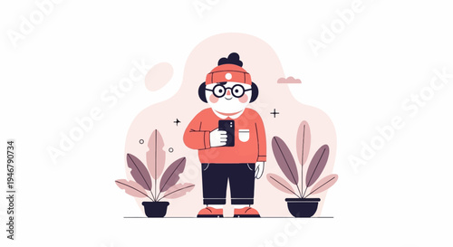 A stylized character with glasses and headphones, holding a phone, stands amidst potted plants and soft background shapes