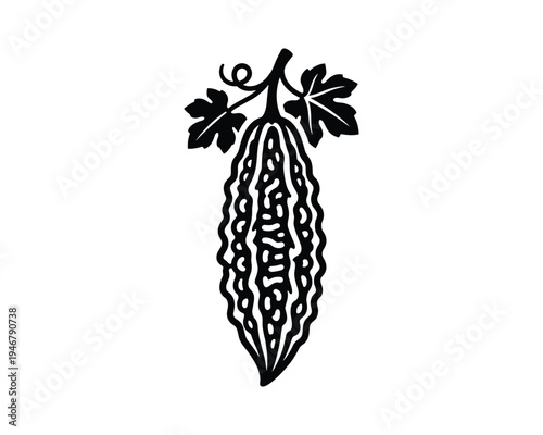Bitter melon or bitter gourd with leaves and tendrils, graphic black and white illustration