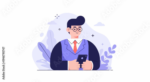 A stylized person in a suit and tie, wearing glasses, holds a smartphone