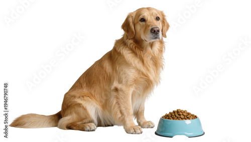 Slika na platnu Isolated Golden Retriever dog sitting next to a blue food bowl full of dry kibble ready to eat