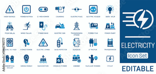 Electricity Icon Set with Power Symbols, Plugs, Cars and Energy Sources high voltage power button