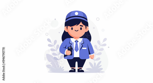 A stylized person in a blue uniform and cap, holding a phone amidst decorative foliage
