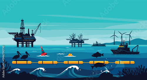 An offshore oil rig and wind turbines operate in the ocean with a containment boom, pelicans, and fish in a pixel art style.