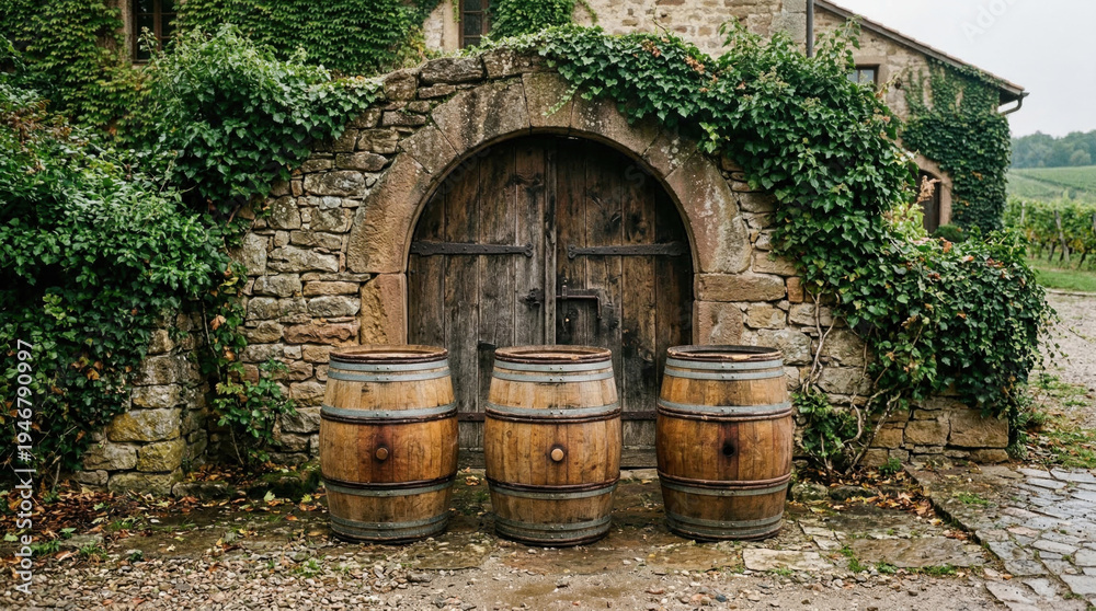 Obraz premium Three wine barrels standing in front of rustic stone winery