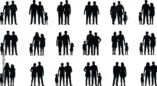 Collection of family silhouettes showing parents and children standing together, diverse parent child combinations, parenting, family unity icons isolated for design projects sets