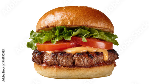 Fotografía Isolated classic hamburger with grilled beef patty, crisp lettuce, ripe tomato, and melted cheese
