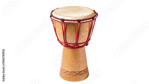 Isolated traditional African Djembe drum with natural skin and decorative rope lacing