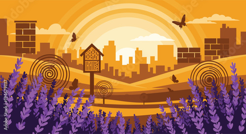 A vibrant urban garden with lavender, butterflies, and a bee hotel overlooks a city skyline during a golden sunset.