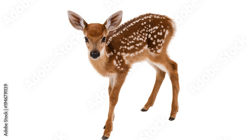 Foto Isolated adorable young spotted fawn standing gracefully and looking curiously a