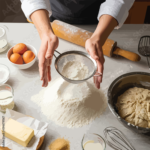 A person in an apron sifts flour onto a pile on a kitchen counter with rolling pin and mixing bowl.