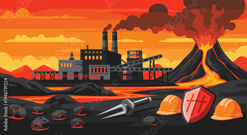 A pixel art illustration of an industrial factory complex operating near an erupting volcano with flowing lava, mining tools, and safety gear in the foreground.