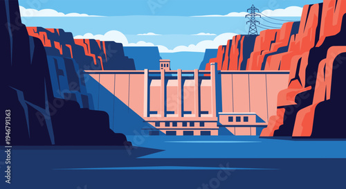 A pixel art illustration of a massive hydroelectric dam situated within a steep canyon, generating power from the water reservoir behind it.