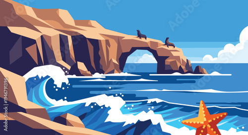 A vibrant vector illustration shows a sunny coastal scene with a natural rock arch, sea lions resting on top, and powerful ocean waves crashing against the shore.