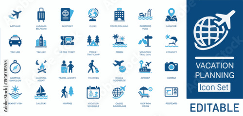Vacation Planning Icon Set with Travel and Leisure Symbols holiday trip