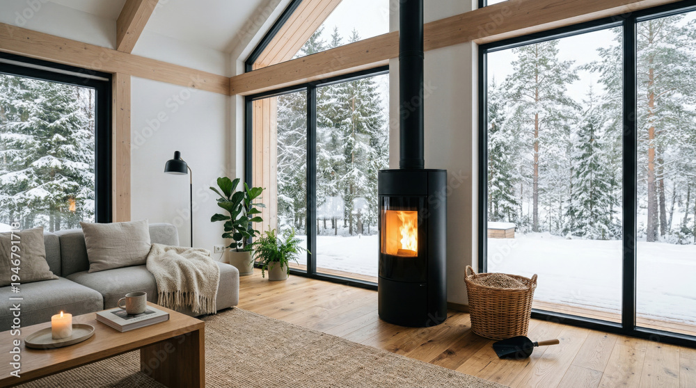Obraz premium Cozy living room with burning stove and winter forest view