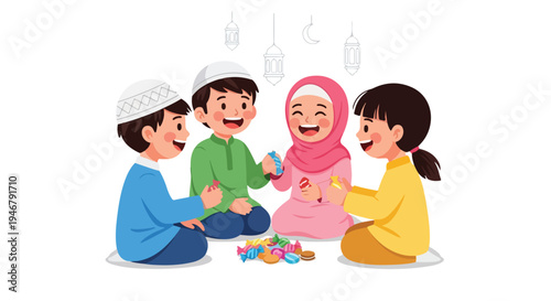 Four diverse children sitting together on the floor playing with colorful toys against a clean white background with a joyful mood.