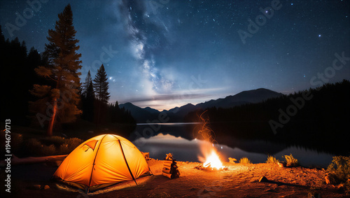 A serene camping scene at night with a tent and campfire by a lake under the stars
