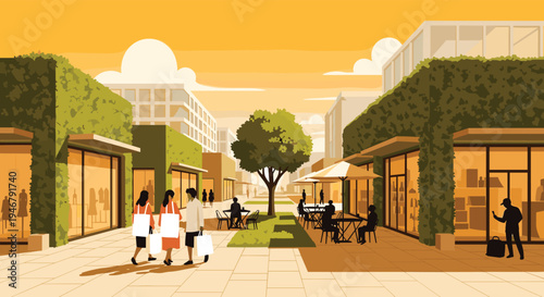 Shoppers stroll and relax in a modern, eco-friendly outdoor shopping center featuring buildings covered in lush vertical gardens.