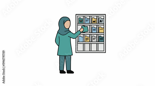 Woman Wearing Hijab Arranging Files In A Bookshelf With Folders In A White Background